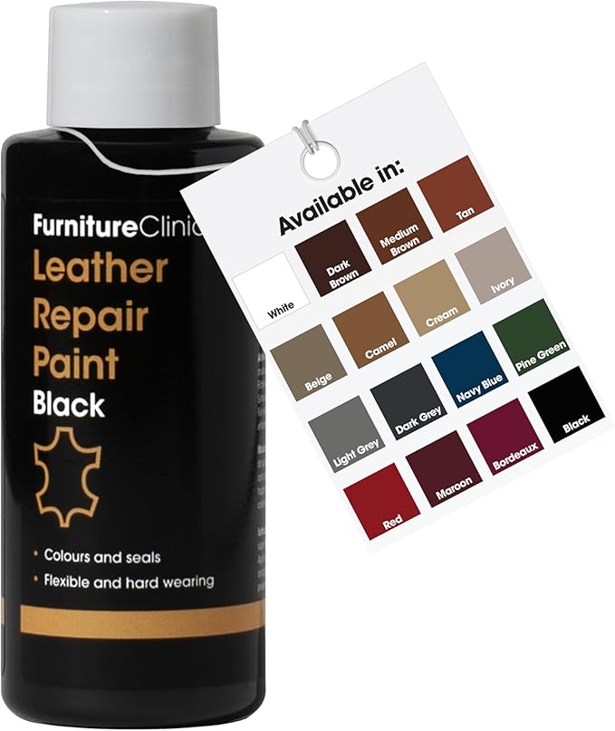 Furniture Clinic Leather Repair Paint | 2-in-1 Seal and Color | Use on Scratches, Tears, and Holes in Car Seats, Furniture | Quick and Easy Leather Repair Kit for Furniture (Black, 50ml / 1.7oz)