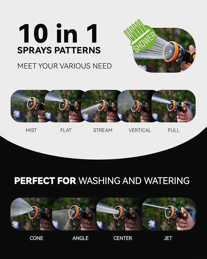 RAINPOINT Spray Nozzles for Garden Hose - 10 Spray Patterns Garden Hose Nozzle with Adjustable Flow Control for Watering Plants, Washing Cars,Washing Pets, Thumb Control (2 Packs, Orange)