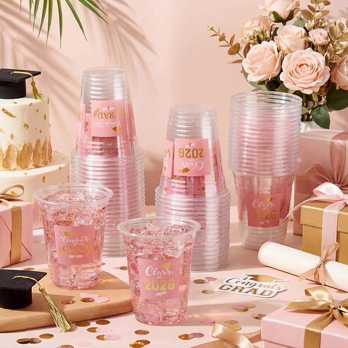Amyhill 100 Pack 12oz Graduation Cups 2026 Graduation Decorations Disposable Plastic Cups Sturdy&Durable Drinkware for Class of 2026 Decorations Congrats Grad Party Favors Supplies (Pink)