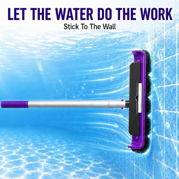 All-in-One Swimming Pool Cleaning Kit, Heavy Duty Deep Leaf Skimmer Net with Pool Brush Head, Adjustable Pole, Pool Cleaning Set for Inground/Above Ground Pools and Ponds, Purple