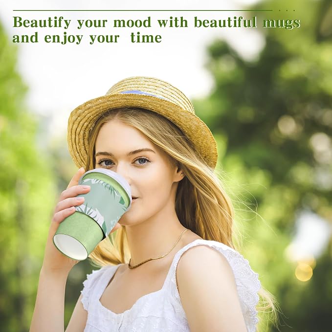 Zopeal 50 Pack Sage Green 12 oz Disposable Coffee Cups with Lids and Sleeves, Paper Hot Travel Cups for Beverages, Wedding, Baby Shower, Office and Party Supplies