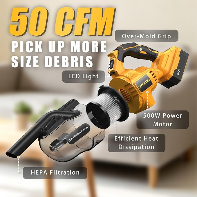 LITEKON Cordless Vacuum Compatible with 𝗗𝗘-𝗪𝗔𝗟𝗧 20V Max Battery (No Battery), Handheld Battery Powered Vacuum Cleaner for Wood Floor, Carpet, Car Cleaning, 125AW (Tool Only)