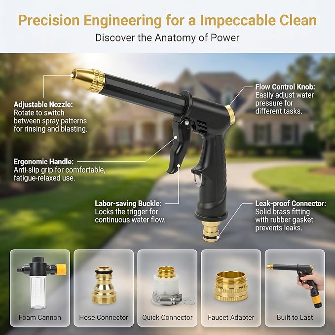 2026 high pressure hose nozzle, portable high pressure water gun with 4 Adjustable Jet Nozzle, pressure washer nozzle, power washer hose attachment for garden Patio Cleaning