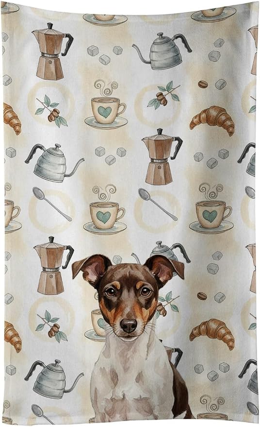 Caroline's Treasures Chocolate and White Rat Terrier Coffee Bar Kitchen Towel Velour Plush Front and Cotton Loop Back Machine Washable