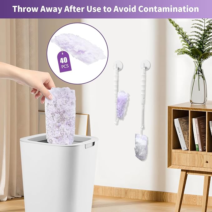 360° Duster Refills for S-wiffer Dusters,Multi Surface Thickened Heavy Duster kit for Cleaning inclue 40 Count Disposable Dust Refills with 1 Extension Handle