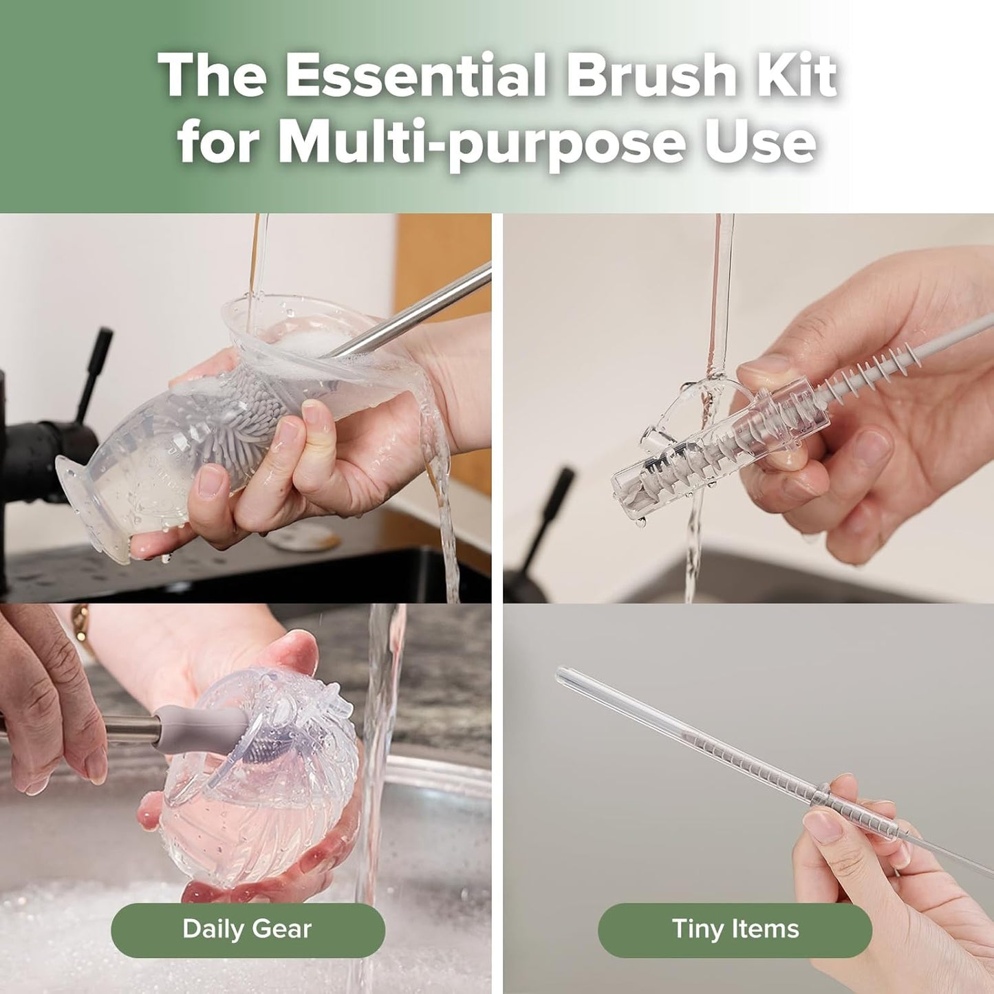 haakaa Silicone Cleaning Brush Kit - SUVA Grey - Bottle Brush for Breast Pumps, Breast Milk Collector, Baby Bottles, Nipples, Breastmilk Storage Bags