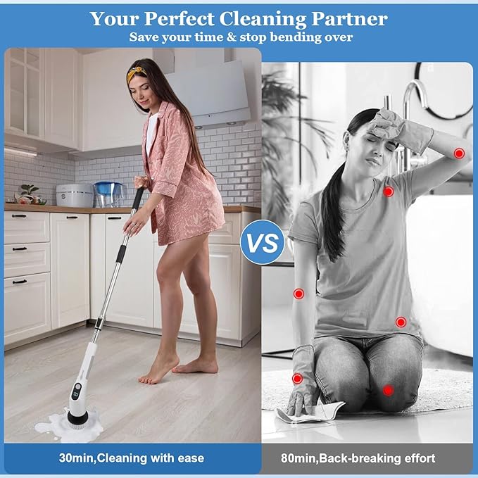 Cordless Electric Spin Scrubber, Powerful 2-Speed Shower & Bathroom Cleaner with LED Display, Adjustable Handle & 11 Brush Heads, Lightweight, Rechargeable & Perfect for Tough Grime