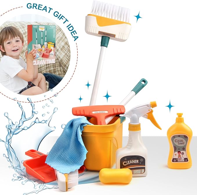 Detachable Kids Cleaning Toy Set - Broom, Mop, Dustpan, Brush, Rag Play, Housekeeping Kit, STEM Really Clean Toys Gift for Girls & Boys