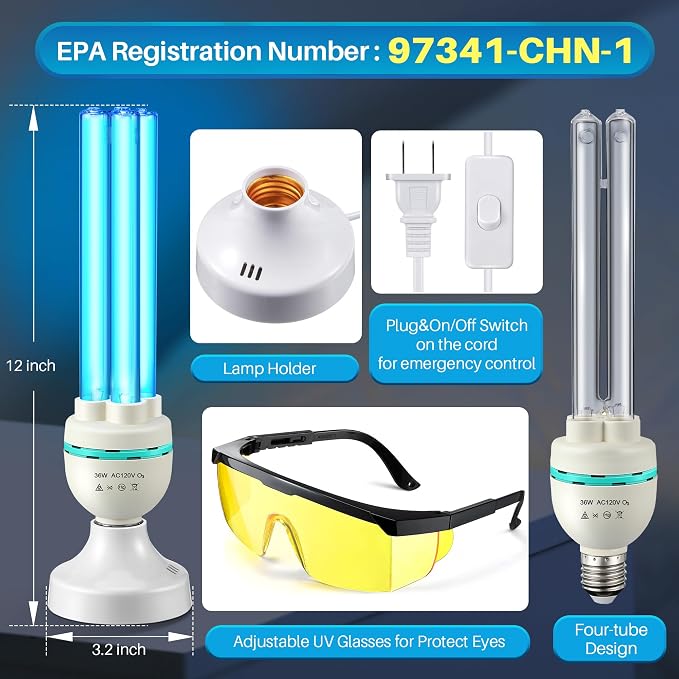 Qualirey 36 Watts UVC Ozone Light with Remote Control and UV Glasses, UV Lamp with E26 Base, 3 Gear Timer 15/30/60 Minutes, UVC Light Bulb for Basement, Bedroom, Kitchen, Storehouse, Car