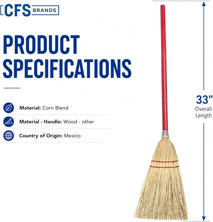 Flo-Pac Compact Corn Fiber Utility Broom with Wire-Wrapped Bristles and Red Handle, 33 Inches, Red (Pack of 3)
