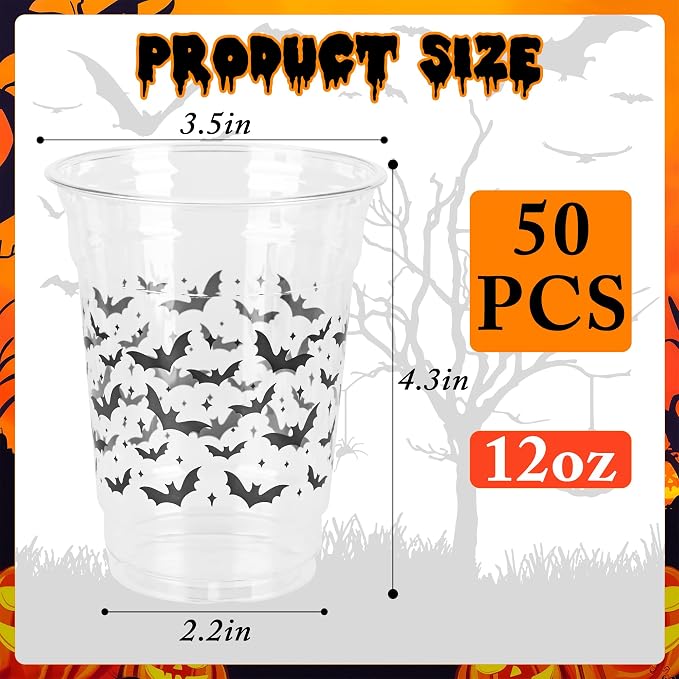 AimFun 50Pcs Summer Halloween Bats Clear Plastic Cups | Black Bats, Disposable Party Cup,12oz, Summerween Party, for Candy Beverage Snacks Birthday Baby Shower Pool Party
