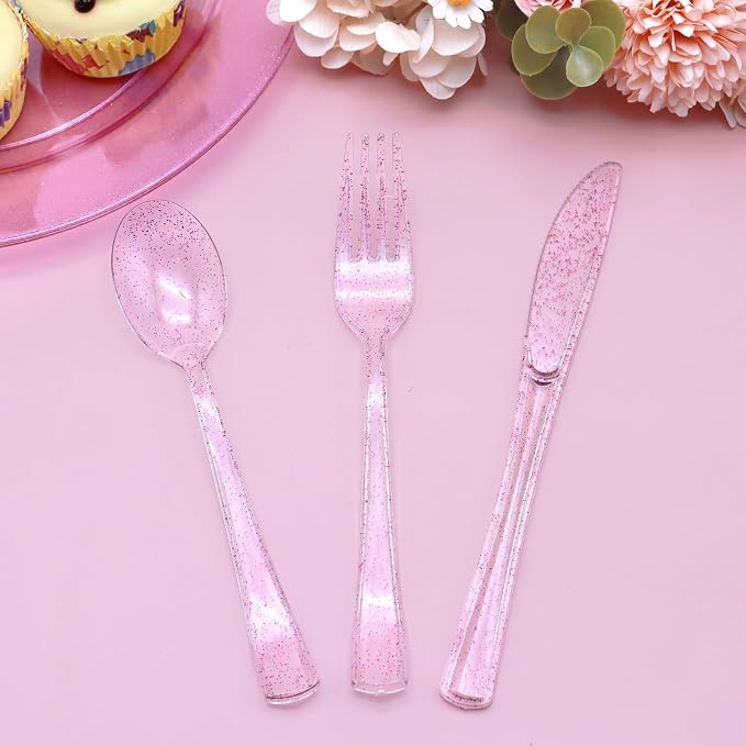 150PCS Purple Plastic Silverware, Purple Glitter Plastic Cutlery Disposable, 50 Forks, 50 Knives, 50 Spoons Heavy Duty, Perfect for Birthday, Wedding, Baby Shower, Picnic