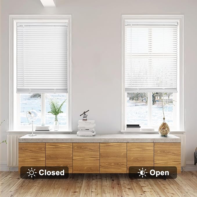 Changshade Cordless Horizontal Venetian Blinds Window Shades Light Filtering 1" Vinyl Slat Size with Tilt Wand for Living Room, Bedroom, Bathroom, Shade Size 58" Wide x 64" High, White, JZBLD58WT64A
