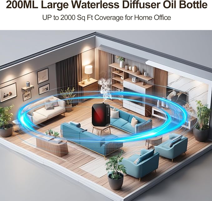 Waterless Essential Oil Diffuser Machine Plug-in or 3 D Batteries Operated, Cold Air Aroma Diffuser Up to 2000 Sq, Ft, APP Control Smart Scent Diffision for Home, Hotel, Office (with 20ml Oil)