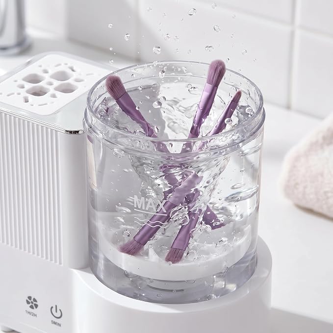 Makeup Brush Cleaner and Dryer Machine, 2-in-1 Electric Brush Cleaner with 360° Dual Rotation, Wet-Dry Separation, Multi-Brush Holder for All Size Makeup Brushes, 5-Min Fast Clean & 1/2H Timed Dry