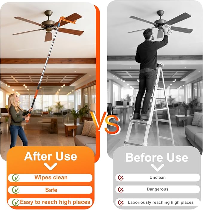 LAANPOLE 30FT Reach Ceiling Fan Cleaner Duster, Fan Blade Cleaner Kit with 5-24FT Extension Pole, Microfiber Duster & Replaceable Cleaning Cloth for Blades, Ceiling, Furniture