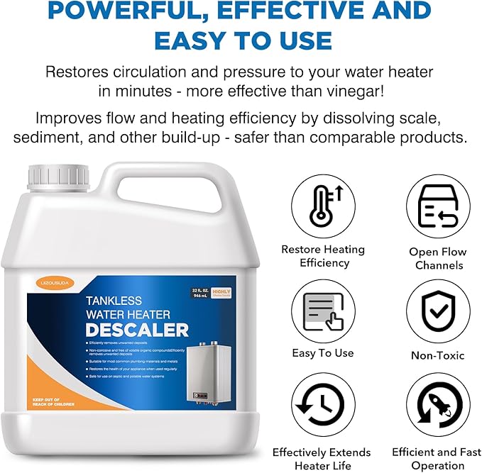 LIIZOUSUDA Tankless Water Heater Descaler, Highly Effective Descaler Restores Heating Efficiency - for Tankless Water Heater Systems, Restores Heating Efficiency, Easy to Use, Quart, 32 fl oz