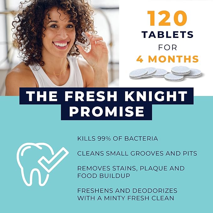 FRESH KNIGHT Retainer Cleaner Tablets 120 - Invisalign Cleaner - Denture Cleaner. Efferdent Retainer Cleaner Tablets, Night Guard, Mouth Guards, Aligners & Dental Appliance Cleaner - 4 Month Supply.