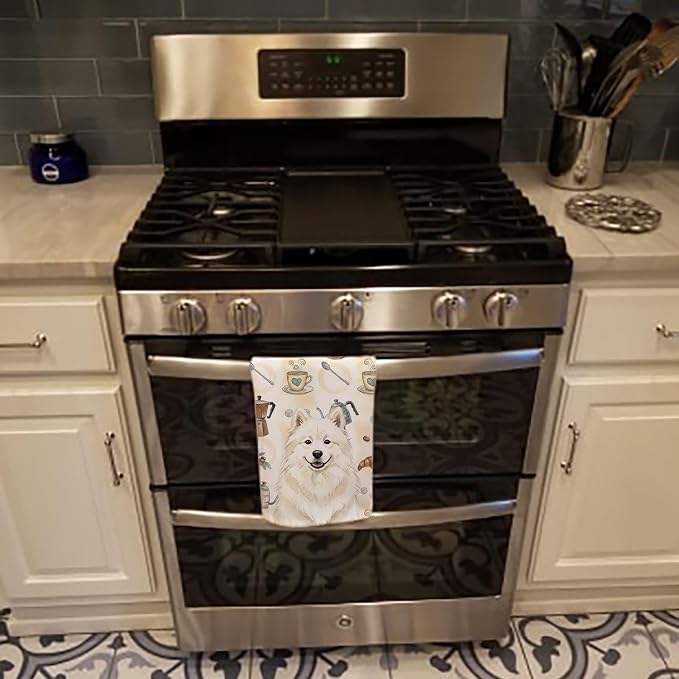 Caroline's Treasures Cream Samoyed Coffee Bar Kitchen Towel Velour Plush Front and Cotton Loop Back Machine Washable