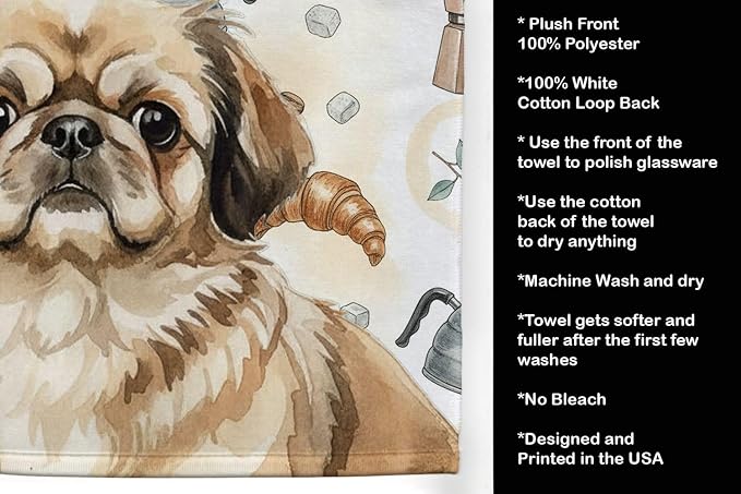 Caroline's Treasures Sable Pekingese Coffee Bar Kitchen Towel Velour Plush Front and Cotton Loop Back Machine Washable