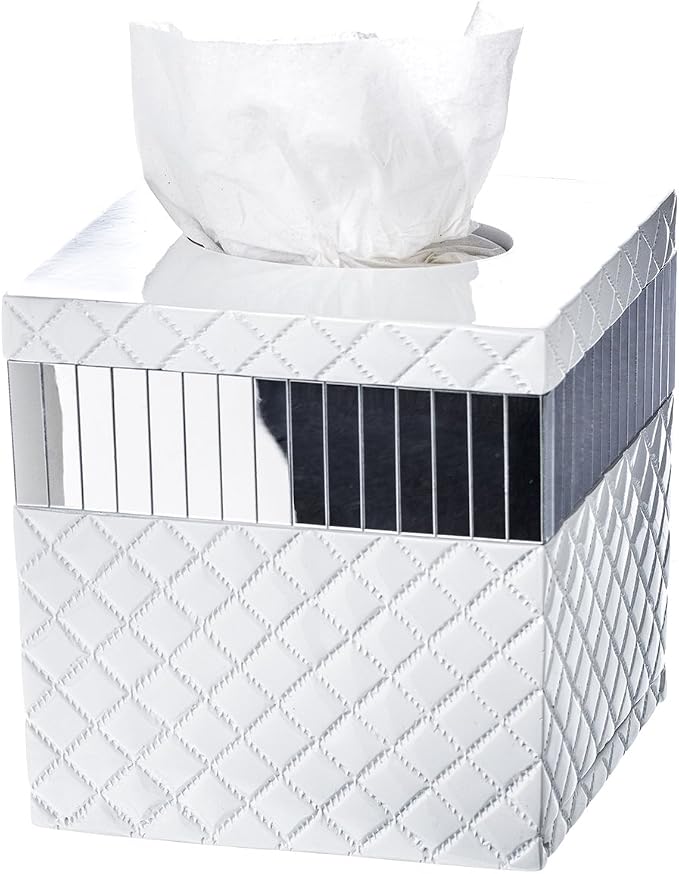 Quilted Mirror White Square Resin Tissue Box Cover with Bottom Slider