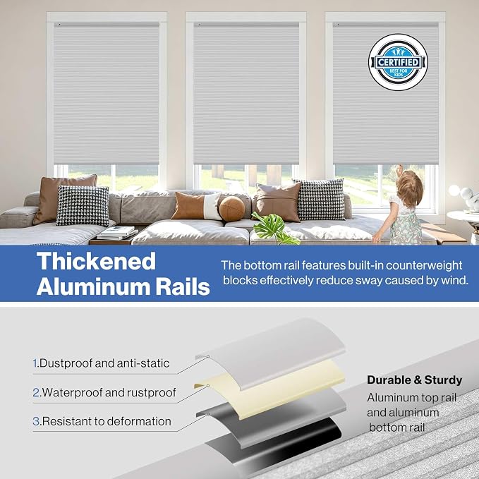 No Drill Cellular Shades, Light Gray Custom Size Cordless Light Filtering Pull Down Pleated Honeycomb Blind Thermal Insulated Easy Install for Indoor Window Bedroom Living Room Kitchen Door