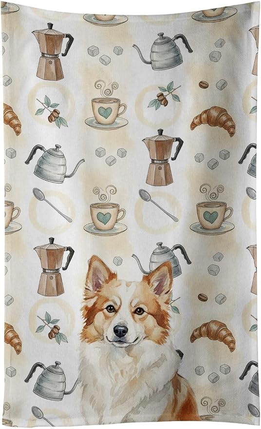 Caroline's Treasures Tan Icelandic Sheepdog Coffee Bar Kitchen Towel Velour Plush Front and Cotton Loop Back Machine Washable