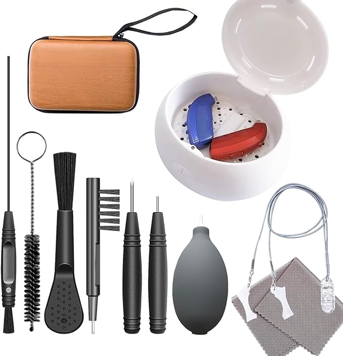 Professional Hearing Aid Cleaning Kit and Dryer Dehumidifier,10-Piece Tools and Premium Storage Case,Fast Moisture Removal for Hearing Aids,Portable Safe Dryer Box