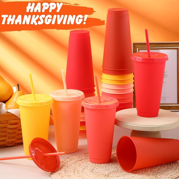 Honeydak 30 Pack Tumbler with Straw and Lid Bulk Cups for Gifts Water Bottle Iced Coffee Travel Mug Cup Reusable Plastic Tumblers for Party Birthdays 24-27 oz (Fall Color)