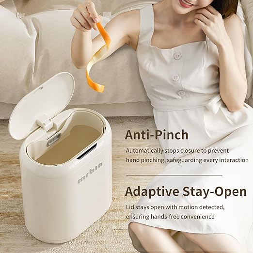 MRBIN Automatic Trash Can for Bathroom, Metal Touchless Garbage Bin with Lid, 3.2 Gallon Small Slim Trash Can for Office and Kitchen, Electric Motion Sensor Bedroom No Touch Bin, Cream White