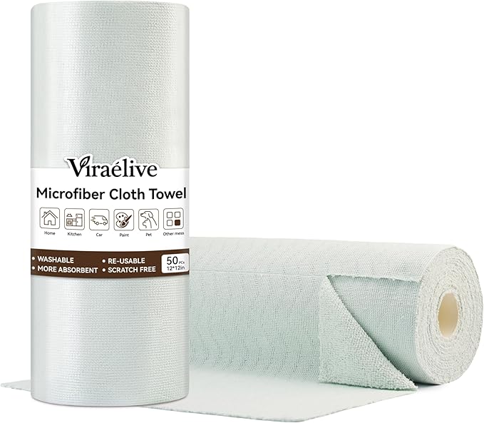 Microfiber Cleaning Cloth Roll, 50-Count Absorbent & Reusable, Streak-Free, Lint-Free, Scratch-Free Towels, Dish Rags for Kitchen, Home, Studio & Surfaces, Green Wave Pattern, 12x12 in
