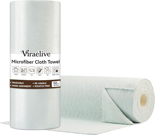 Microfiber Cleaning Cloth Roll, 50-Count Absorbent & Reusable, Streak-Free, Lint-Free, Scratch-Free Towels, Dish Rags for Kitchen, Home, Studio & Surfaces, Green Wave Pattern, 12x12 in