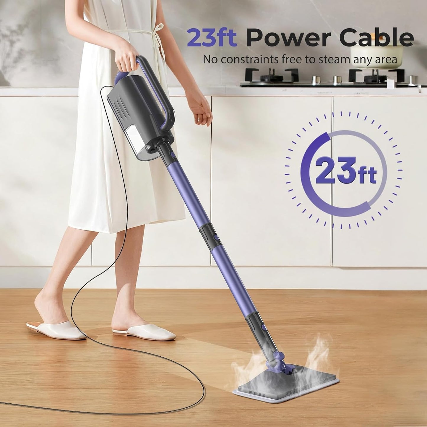 Steam Mop, Steam Cleaner with Large-Capacity Water Tank, 2 Washable Pads, 23FT Power Cable floor steamer, Detachable Steam Mops for Floor Cleaning (Purple)
