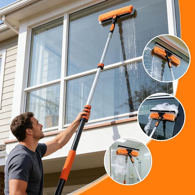 35FT Window Cleaning Kit, 2-in-1 Squeegee with 5-29FT Telescoping Pole & Flip-Lock & Screw Dual Locking, Professional Long Handle Washing Tool for High Windows