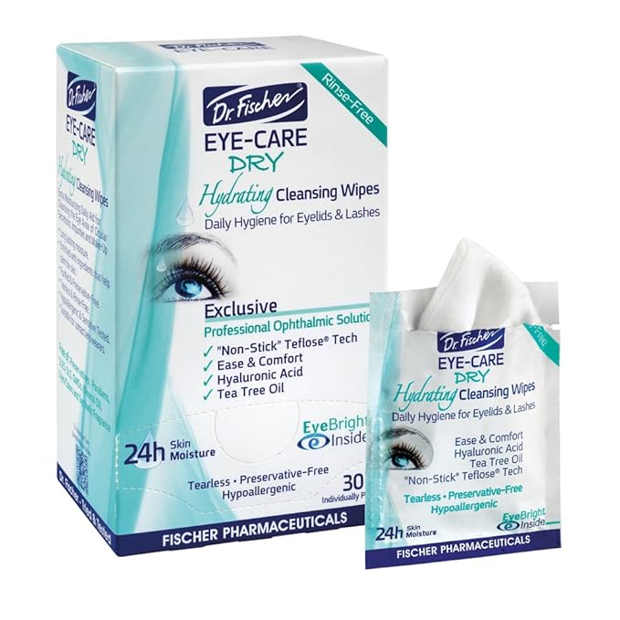 Dr. Fischer Tea Tree Eyelid Wipes for Dry Eyes - Gentle Eye Wipes for Everyday Eye Conditions and Hypoallergenic Makeup Remover (60 Wipes)