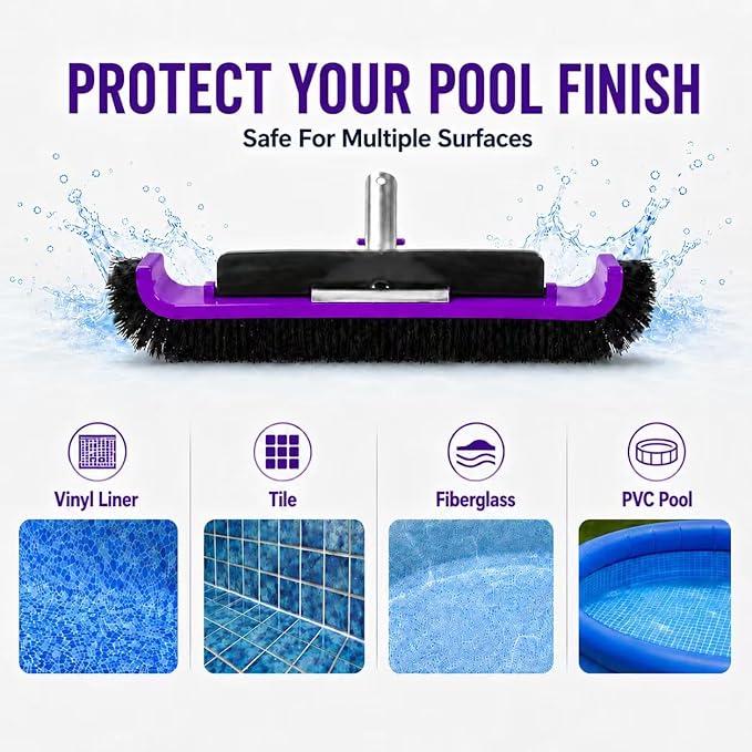 All-in-One Swimming Pool Cleaning Kit, Heavy Duty Deep Leaf Skimmer Net with Pool Brush Head, Adjustable Pole, Pool Cleaning Set for Inground/Above Ground Pools and Ponds, Purple