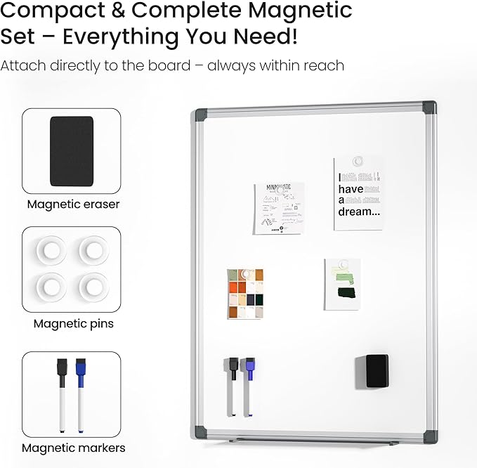 Magnetic White Board for Wall, 24" x 18" Dry Erase Board Kit with 2 Magnetic Dry Erase Markers, 4 Magnets, Eraser, Pen Tray & Mounting Kit – White Board Dry Erase for Home, Office, School