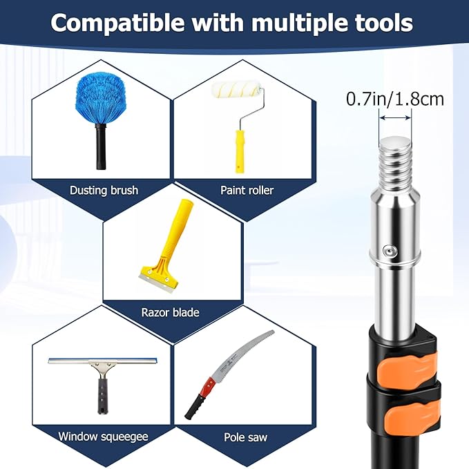 3.3-8 FT Telescopic Extension Pole Adjustable Aluminum Paint Roller & Cleaning Pole | Universal Twist-On Metal Tip | Sturdy Multi-Purpose Household Tool for Dusting, Painting & More