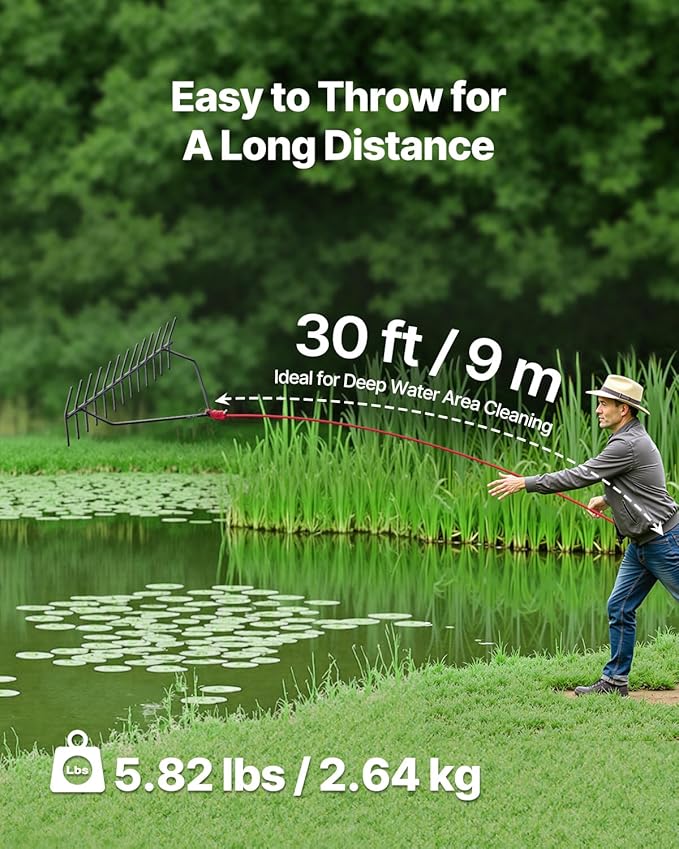 VEVOR 24 in Aquatic Weed Rake, 8.7 in Double Sided Lake Weed Rake, Pond Weeds Cutter with 30ft Rope, Tie Hole, No Assembly Required, Lightweight Muck Lilypad Clearing Tool for Pond, Lake, Rivulet