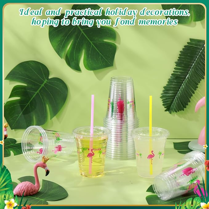 Blushtier 100 Sets 12 oz Clear Disposable Luau Cups with Lids & Straws, Flamingo Disposable Plastic Tropical Beverage Cups for Summer Tiki Party Supplies Birthday Bachelorette Drinkware Decorations
