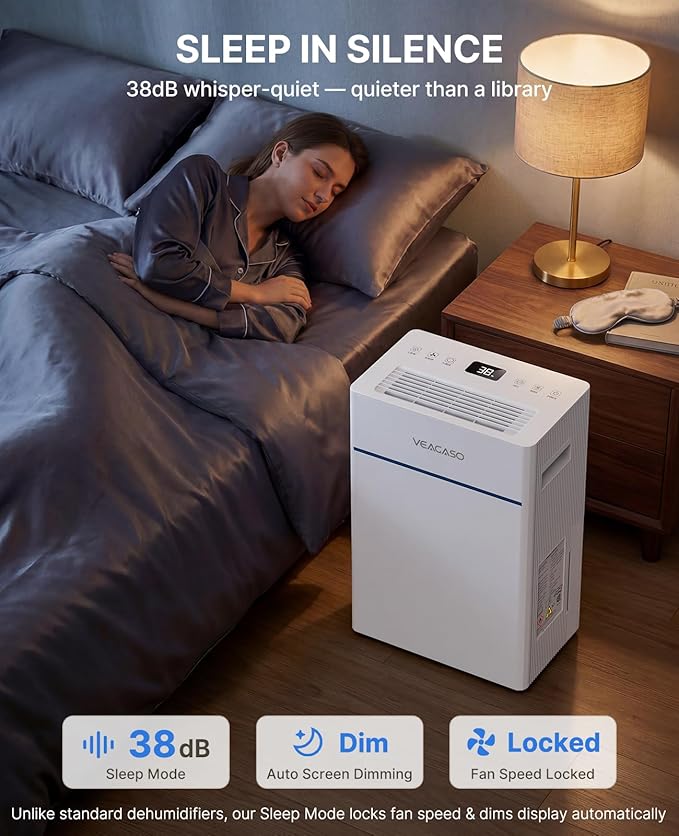 VEAGASO 2000 Sq.Ft. Dehumidifier for Basement with Drain Hose, 28 Pints Dehumidifiers for Home, Bedroom, Garage, 38dB Sleep Mode, Auto-Defrost, 3 Modes, 24H Timer