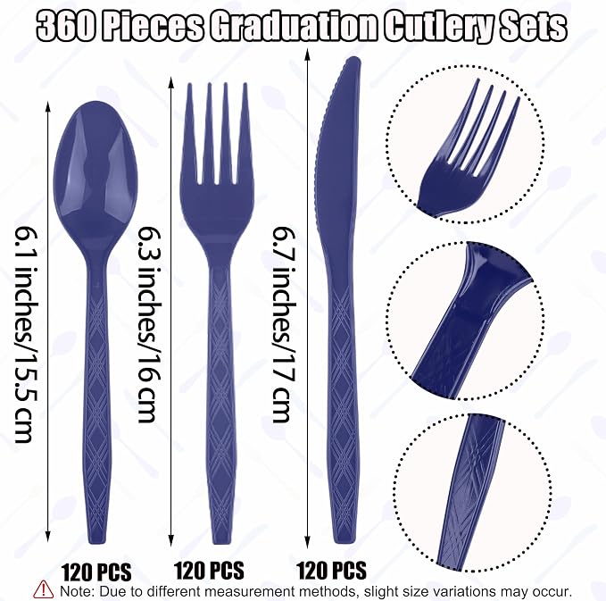 Kochorie 360 Pieces Graduation Navy Blue Plastic Cutlery Set Disposable Plastic Utensils Heavy Duty Flatware Set Include 120 Knives 120 Forks 120 Spoons for Graduation Party Wedding Birthday
