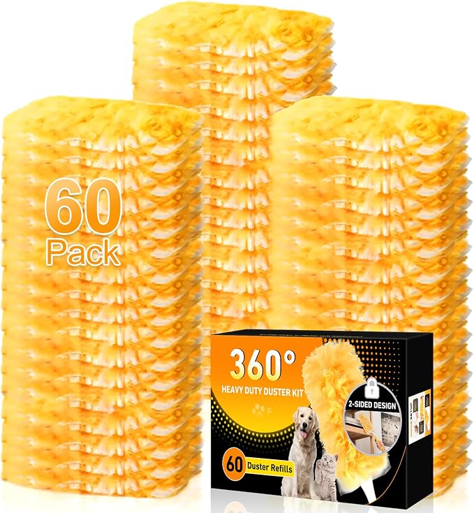 60 Count Heavy Duty Duster Refills for Swiffer, Multisurface 360° Larger Size Dusters with 4X Cleaning Power, Disposable Dusters for Pet, Cleaning Home, Blinds, Fans, Corners (60 pcs-Orange)