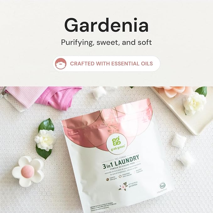 Grab Green 3-in-1 Laundry Detergent Pods, 60 Count, Gardenia | Plant & Mineral-Based; Enzyme-Powered; Velcro Closure; Laundry Brightener; Stain Remover