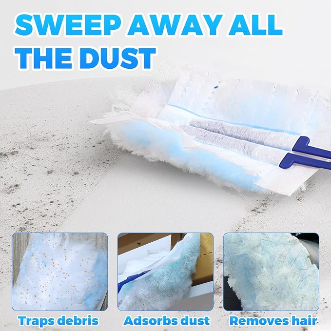 50 Pack Duster Refills Compatible with Swiffer Dusters, Disposable Replacement Heads with Extendable Handle for Dust Removal on Vents, Baseboards, Ceiling Fans, Crevices & Hard-to-Reach Places