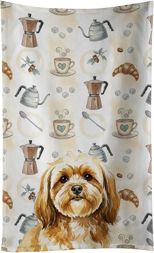 Caroline's Treasures Gold Lhasa Apso Coffee Bar Kitchen Towel Velour Plush Front and Cotton Loop Back Machine Washable