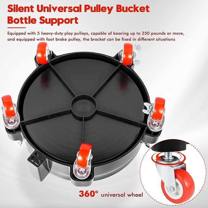 2Pcs Heavy Duty Car Wash Bucket Dolly with 360° Swivel Casters, 5 Gallon Bucket Dolly, 300 lb Capacity, Secure Fit, Round Plastic Rolling Pail Stand for Car Washing, Auto Detailing