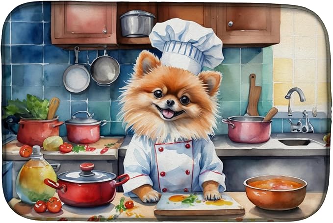 Caroline's Treasures DAC6301DDM Pomeranian The Chef Dish Drying Mat Absorbent Dish Drying Mat Pad for Kitchen Counter Dish Drainer Mat for Countertop, 14 x 21", Multicolor