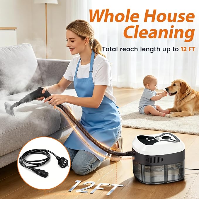 Handheld Steam Cleaner, 6-Level Adjustable Handle, 15s Heat-Up, 1800W High-Pressure Steamer for Cleaning with 1.6L Large Tank, Portable Steam Cleaner for Home, Car, Grout, Couch, Floor (White)
