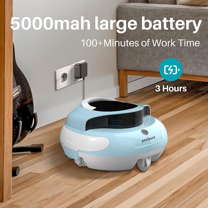 POOLPURE DR-SP45G – 120-Minute Robotic Pool Cleaner with Dual 35W Motors, Long-Lasting Battery, and Customizable Path, Ideal for Above-Ground Pools up to 45ft (Blue)